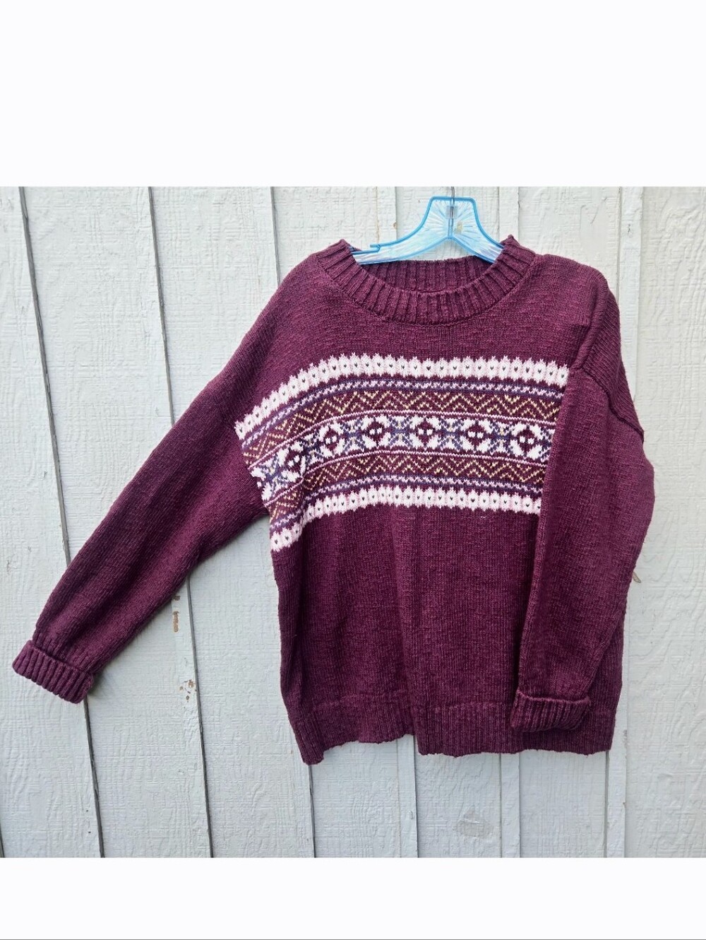L.L. Bean Maroon Fair Isle Crewneck Sweater with Cream Accents